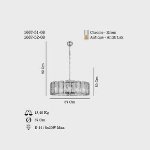Lucea Hanglamp Orvin, antiek messing, Ø 67 cm, glas/metaal 8-lamps.