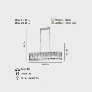 Lucea Hanglamp Orvin, messing antiek 96x30 cm glas/metaal 16-lichts.