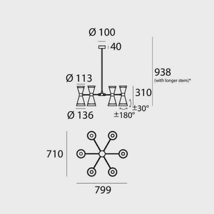 Stilnovo hanglamp Megafono, lengte 80 cm, zwart, 12-lamps.