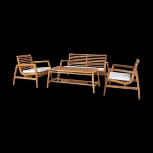 Tristan houten tuin loungeset naturel 4delig - tweezits bank, fauteuils en salontafel - met zitkussens