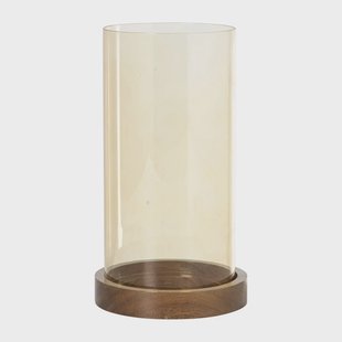 Windlicht glas en hout - beige/bruin - ø12x25 cm Windlicht glas en hout - beige/bruin - ø12x25 cm