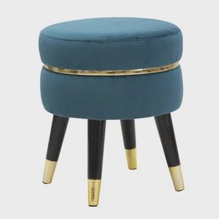Mauro Ferretti Paris Ronde kruk in blauwe stof met houten poten Mauro Ferretti Paris Ronde kruk in blauwe stof met houten poten