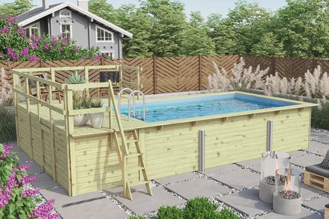 Karibu | Zwembad Rechthoek 3 met Filterpakket Klein en Terras 3,5 en Zijterras