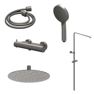 Regendoucheset IVY Bond Opbouw Thermostatisch 25 cm Slim Rond 3-Standen Handdouche Geborsteld Metal Black PVD