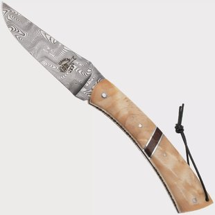 Laguiole en Aubrac Camembert Knife Poplar Wood, Amourrete Inlay, Balbach Damascus, handgevijld, zakmes, 11 cm