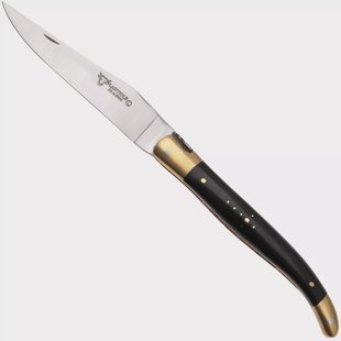 Laguiole en Aubrac Le Bijou L0212LCHB/EBBJ Ebony, Handcarved Copper Plates, Matt Brass Bolsters, zakmes, 12 cm