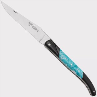 Laguiole en Aubrac Ebony, Larimar Inlay, Handcarved Plates, zakmes, 12 cm