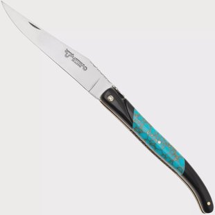 Laguiole en Aubrac Ebony, Turquoise Gold Inlay, Handcarved Brass Plates, zakmes, 12 cm