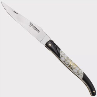 Laguiole en Aubrac Ebony, Howlite Gold Inlay, Handcarved Brass Plates, zakmes, 12 cm