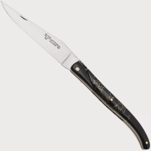 Laguiole en Aubrac Ebony, Onyx Gold Inlay, Handcarved Gold Brass Plates, zakmes, 12 cm