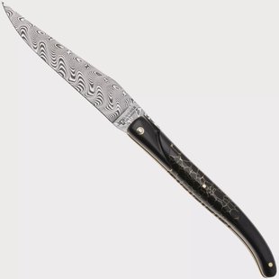 Laguiole en Aubrac Ebony, Onyx Gold Inlay, Handcarved Gold Brass Plates, Balbach Damascus, zakmes, 12 cm