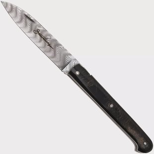 Laguiole en Aubrac Sauveterre Buffalo Crust, Handcarved Plates, Balbach Damascus, zakmes, 11 cm