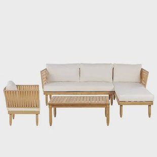 Beliani-CREMONA-Loungeset voor 4-Lichte houtkleur|Creme-Acaciahout