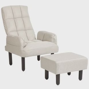 Beliani - OLAND - Fauteuil met hocker - Lichtbeige - Linnen