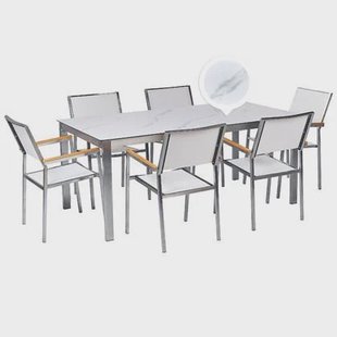 Beliani-COSOLETO|GROSSETO-Tuinset 6 persoons-Wit marmer-Graniet|Glas