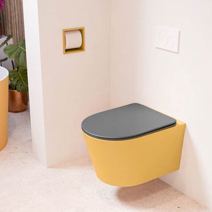 MONDIAZ LAVIE hangend toilet single fire rimless diepspoel Ocher, Toiletzitting met quick-release & softclose Dark Grey