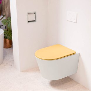 MONDIAZ LAVIE hangend toilet single fire rimless diepspoel Linen, Toiletzitting met quick-release & softclose Ocher