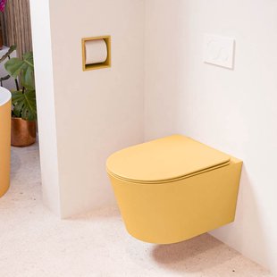 MONDIAZ LAVIE hangend toilet single fire rimless diepspoel Ocher, Toiletzitting met quick-release & softclose Ocher MONDIAZ LAVIE hangend toilet single fire rimless diepspoel Ocher, Toiletzitting met quick-release & softclose Ocher