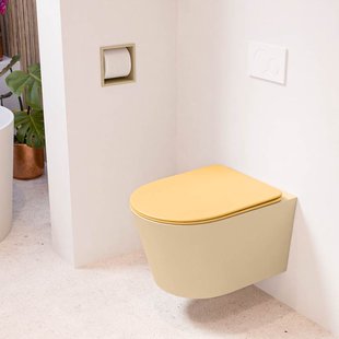 MONDIAZ LAVIE hangend toilet single fire rimless diepspoel Sand, Toiletzitting met quick-release & softclose Ocher