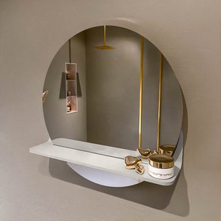 MONDIAZ SPOT spiegel rond 50cm met Spiegelplanchet kleur Linen.