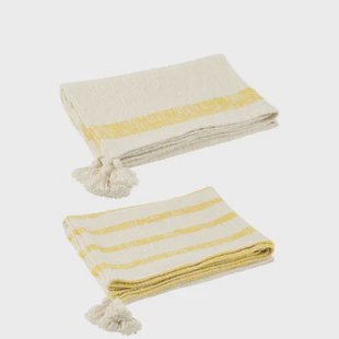 J-Line plaid Strepen + Kwasten - katoen - wit|geel - 2 stuk