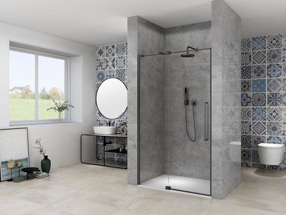 Nisdeur Van Rijn Products ST08 Draaideur 2-Delig 110x200 cm 8 mm Helder Glas Incl. Muurprofiel, Greep en Stabilisatiestang Mat Zwart