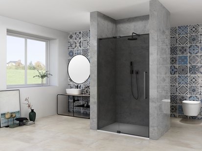 Nisdeur Van Rijn Products ST08 Draaideur 2-Delig 120x200 cm 8 mm Rookglas Incl. Muurprofiel, Greep en Stabilisatiestang Mat Zwart