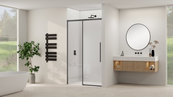 Schuifdeur Van Rijn Products ST09 Aan Vast Deel 140x200 cm 8 mm Helder Glas Softclose Incl. Beslag en Greep Mat Zwart