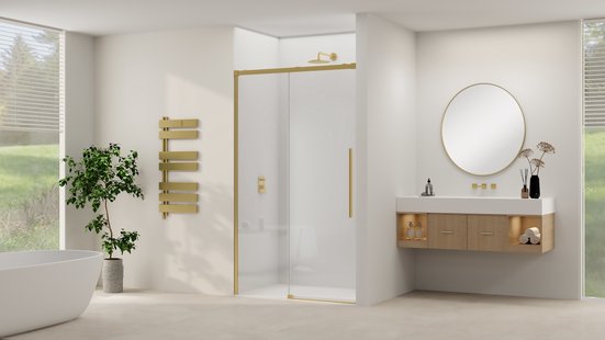 Schuifdeur Van Rijn Products ST09 Aan Vast Deel 140x200 cm 8 mm Helder Glas Softclose Incl. Beslag en Greep Geborsteld Messing