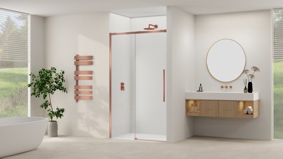 Schuifdeur Van Rijn Products ST09 Aan Vast Deel 160x200 cm 8 mm Helder Glas Softclose Incl. Beslag en Greep Geborsteld Koper