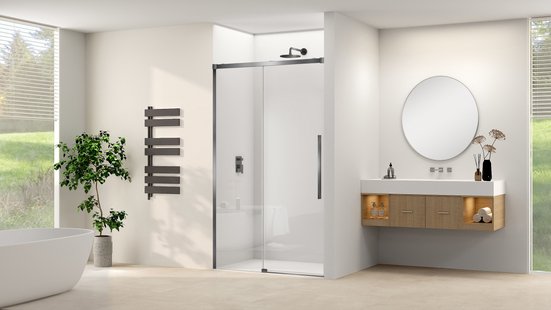 Schuifdeur Van Rijn Products ST09 Aan Vast Deel 180x200 cm 8 mm Helder Glas Softclose Incl. Beslag en Greep Geborsteld Gunmetal