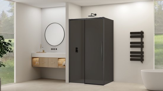 Zijwand Van Rijn Products ST09 tbv Hoekcabine 100x200 cm 8 mm Rookglas Incl. Beslag Mat Zwart