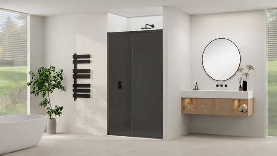 Schuifdeur Van Rijn Products ST09 Aan Vast Deel 120x200 cm 8 mm Rookglas Softclose Incl. Beslag Mat Zwart