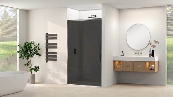 Schuifdeur Van Rijn Products ST09 Aan Vast Deel 140x200 cm 8 mm Rookglas Softclose Incl. Beslag Geborsteld Gunmetal