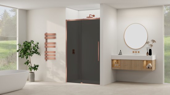 Schuifdeur Van Rijn Products ST09 Aan Vast Deel 140x200 cm 8 mm Rookglas Softclose Incl. Beslag Geborsteld Koper