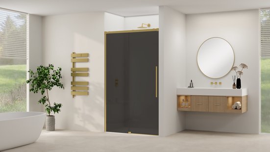 Schuifdeur Van Rijn Products ST09 Aan Vast Deel 160x200 cm 8 mm Rookglas Softclose Incl. Beslag Geborsteld Messing