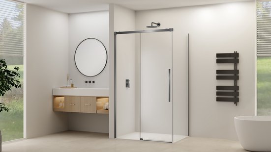 Schuifdeur Van Rijn Products ST09 Voor Hoekcabine 180x200 cm 8 mm Helder Glas Softclose Incl. Beslag Geborsteld Gunmetal