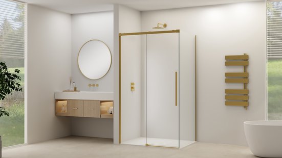 Schuifdeur Van Rijn Products ST09 Voor Hoekcabine 180x200 cm 8 mm Helder Glas Softclose Incl. Beslag Geborsteld Messing