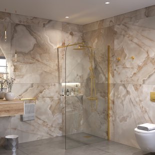 Sanivo Inloopdouche Ronde Hoek Glas 8mm Nano Coating Geborsteld Goud Profiel met Stang (Alle Maten)