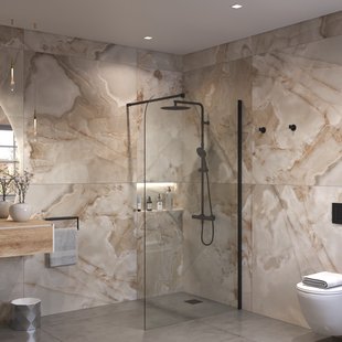 Sanivo Inloopdouche Ronde Hoek Glas 8mm Nano Coating Mat Zwart Profiel met Stang (Alle Maten)