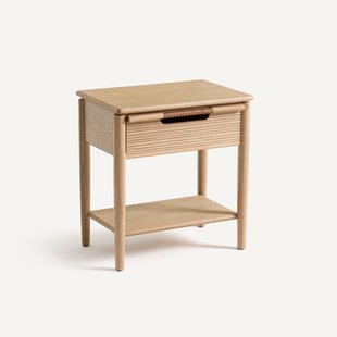 Nachtkastje met massief eikenhout, fineer en leren handvat Melaly