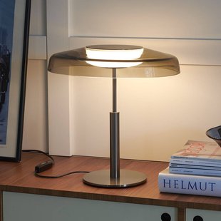 Oluce LED tafellamp Dora, nikkel/rookgrijs, metaal, PMMA