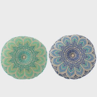 J-Line kussen Rond Bloem - katoen - turquoise|blauw - 2 stuks