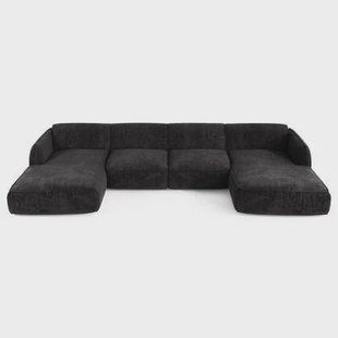 7-zits panoramische bank in zwart geweven fluweel