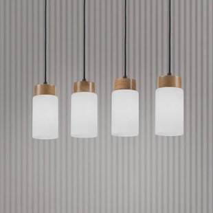 Lamkur Lighting Markus hanglamp, opaalglas/eikenhout, lengte 80 cm 4-lamps.