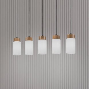 Lamkur Lighting Markus hanglamp, opaalglas/eikenhout Lengte 100 cm 5-lamps.
