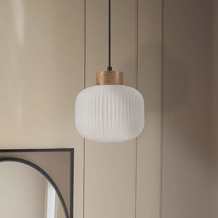 Lamkur Lighting Harmony hanglamp, Ø 20 cm, opaal glas, eikenhout, E27