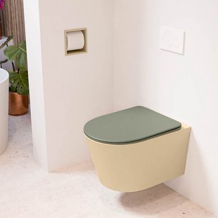 MONDIAZ LAVIE hangend toilet single fire rimless diepspoel Sand, Toiletzitting met quick-release & softclose Army