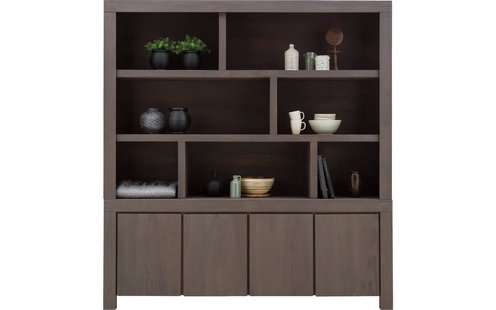 Goossens Buffetkast Clear, 7 open vakken boven, 4 dichte deuren onder, donker bruin eiken, 210 x 225 x 45 cm, stijlvol landelijk