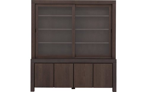 Goossens Buffetkast Clear, 2 glasdeuren boven, 4 dichte deuren onder, donker bruin eiken, 210 x 225 x 45 cm, stijlvol landelijk